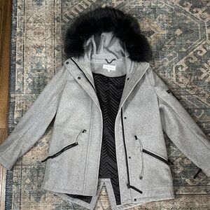 Calvin Klein Light Gray Coat with Black Hood Trim